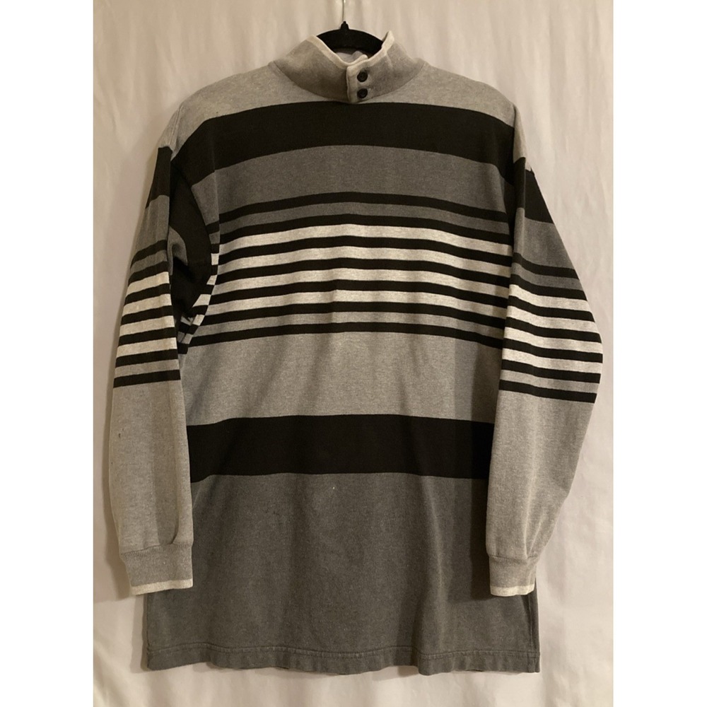LL Bean Mens M Grey Striped Cotton Mock Neck Top Vintage 90s Gorpcore Neutral